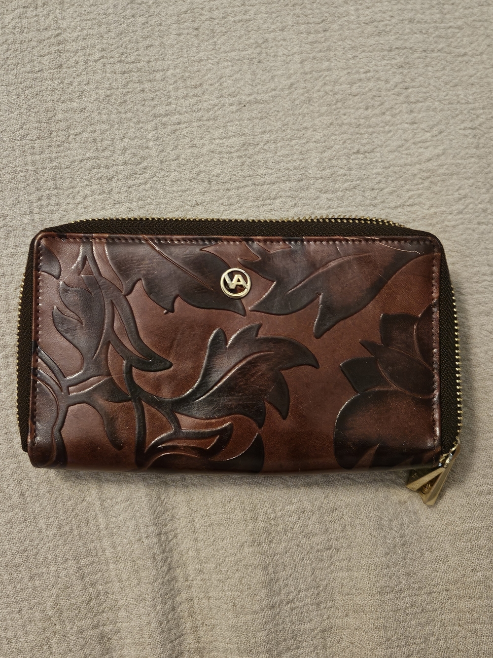 Valentina Floral Leaf Leather Zip-Around Wallet Brown